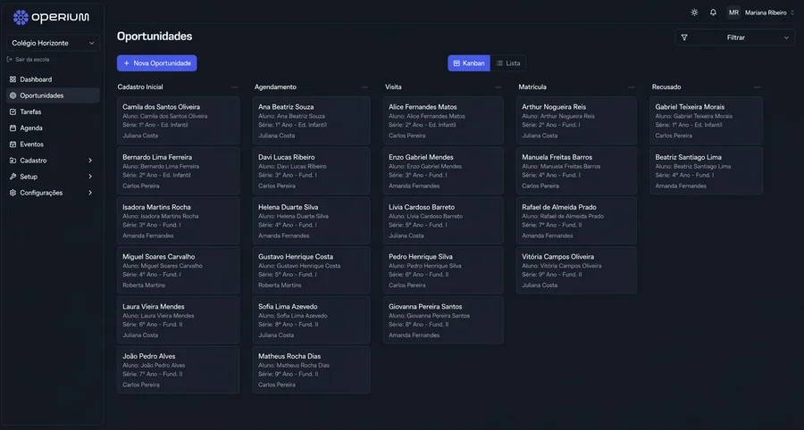Interface do Operium CRM para escolas — funil de matrículas